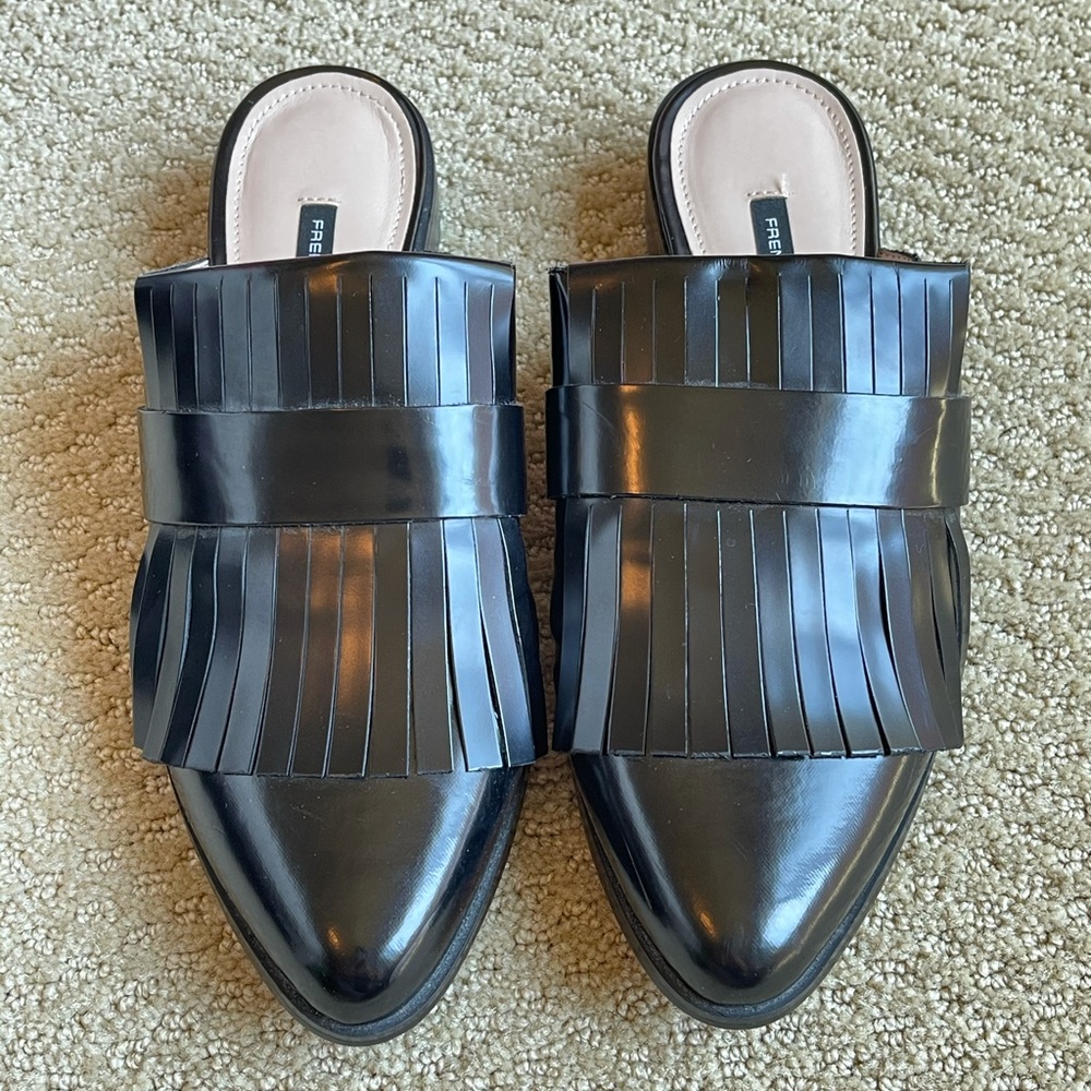 French Connection Patent Leather Fringed Mules